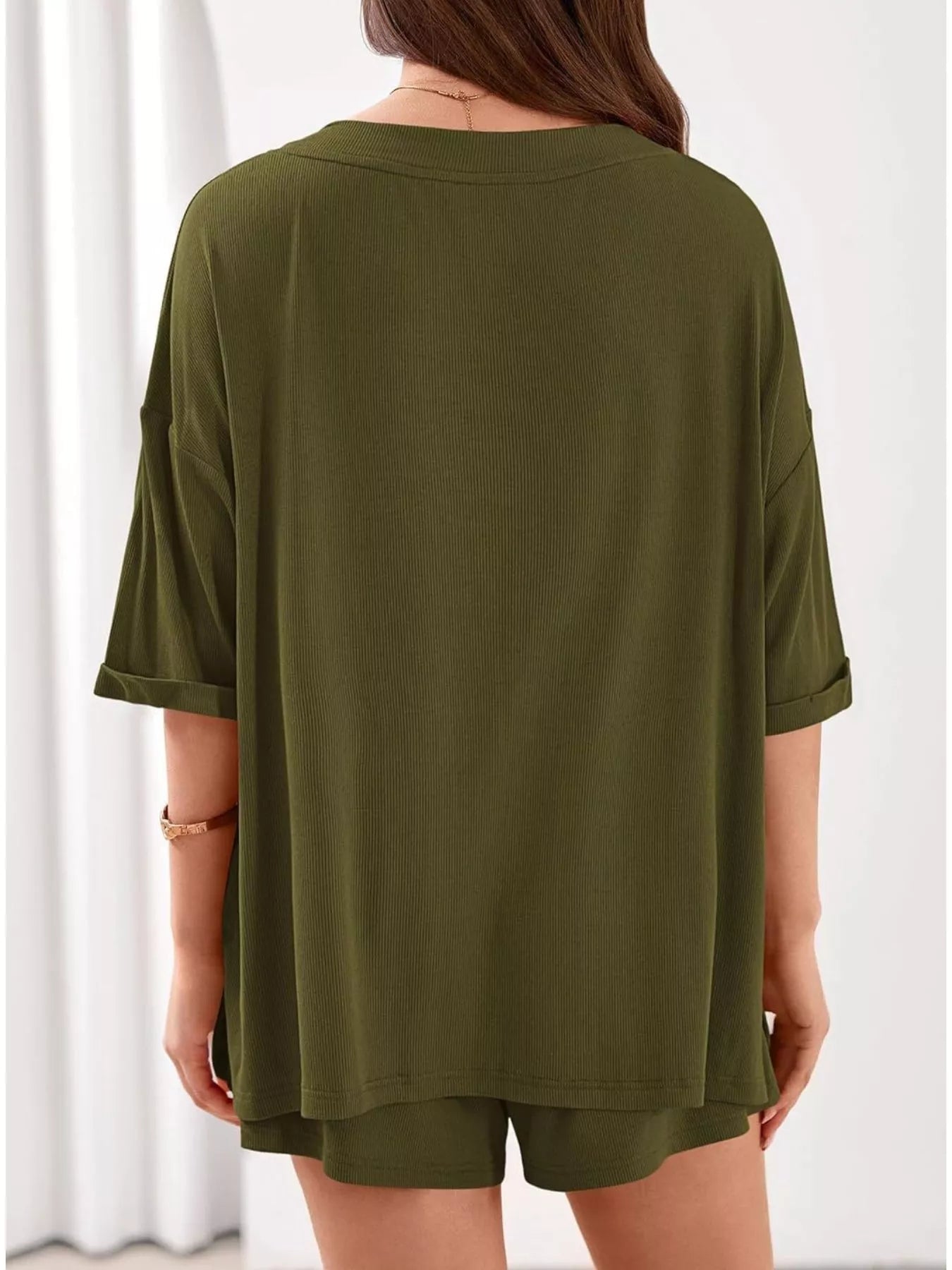 Casual Solid Color V-Neck Top & Shorts Set