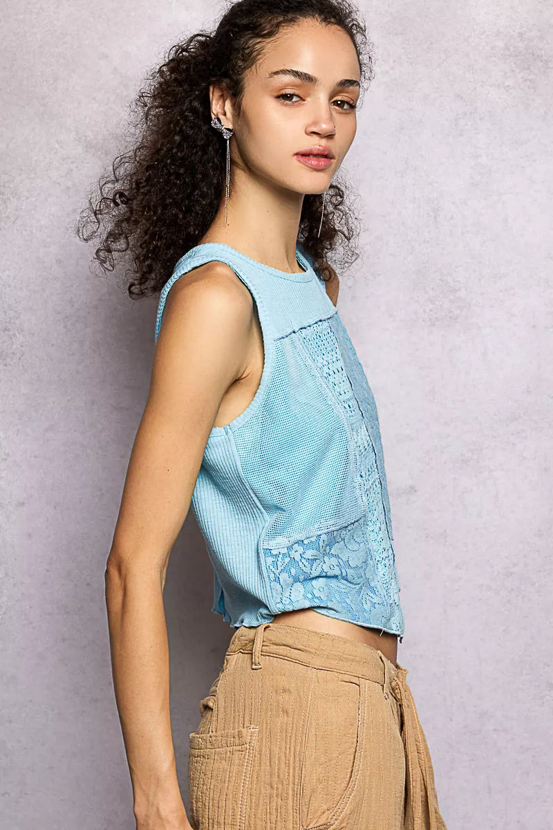POL Ribbed Round Neck Cropped Tank with Lace Detail