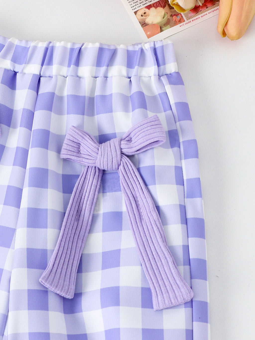 Children's Ribbed Tank Top and Plaid Pants Set with Bows