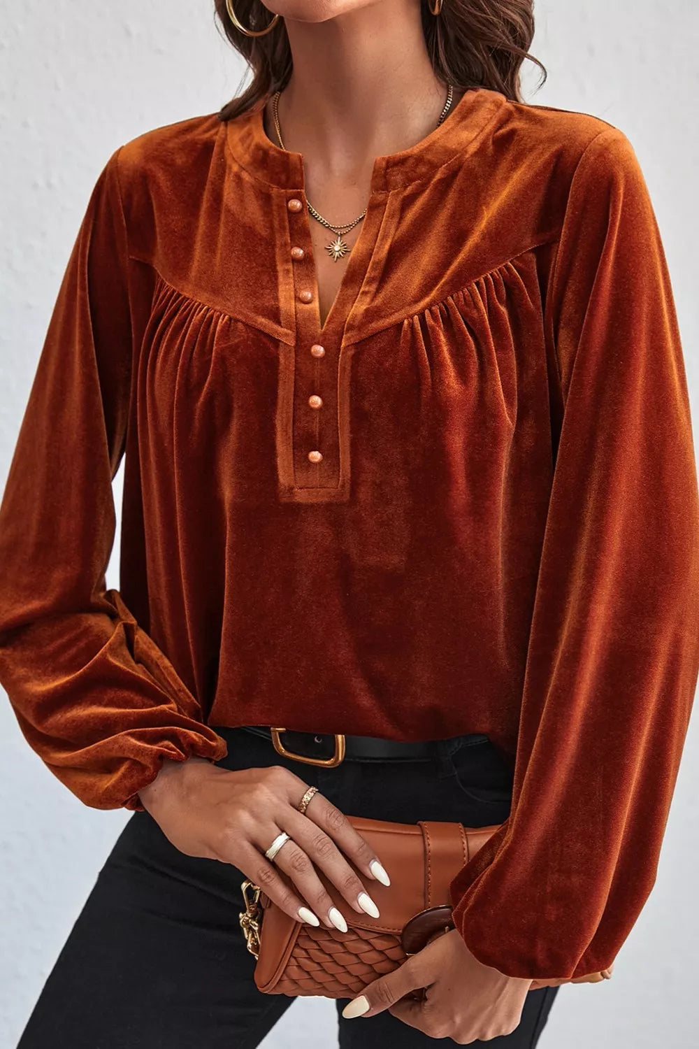 Velvet Button-Front Long Sleeve Blouse