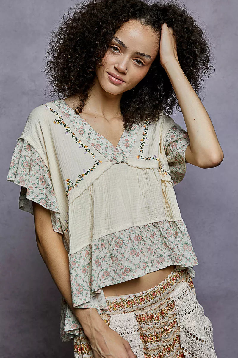 POL Floral V-Neck Short Sleeve Ruffled Double Gauze Blouse with Embroidery Detail