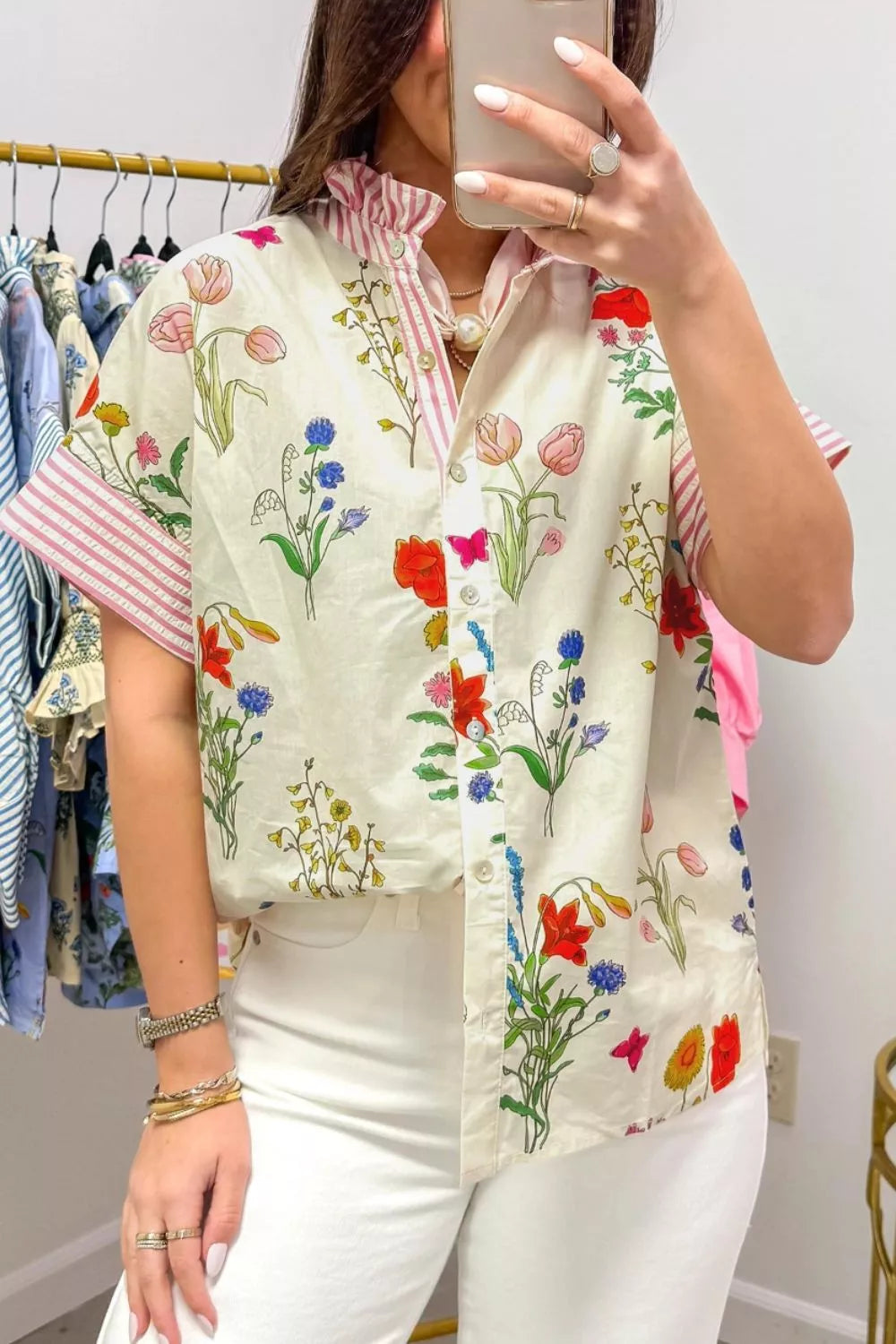 Floral Striped Patchwork Ruffled Collar Short Sleeve Shirt