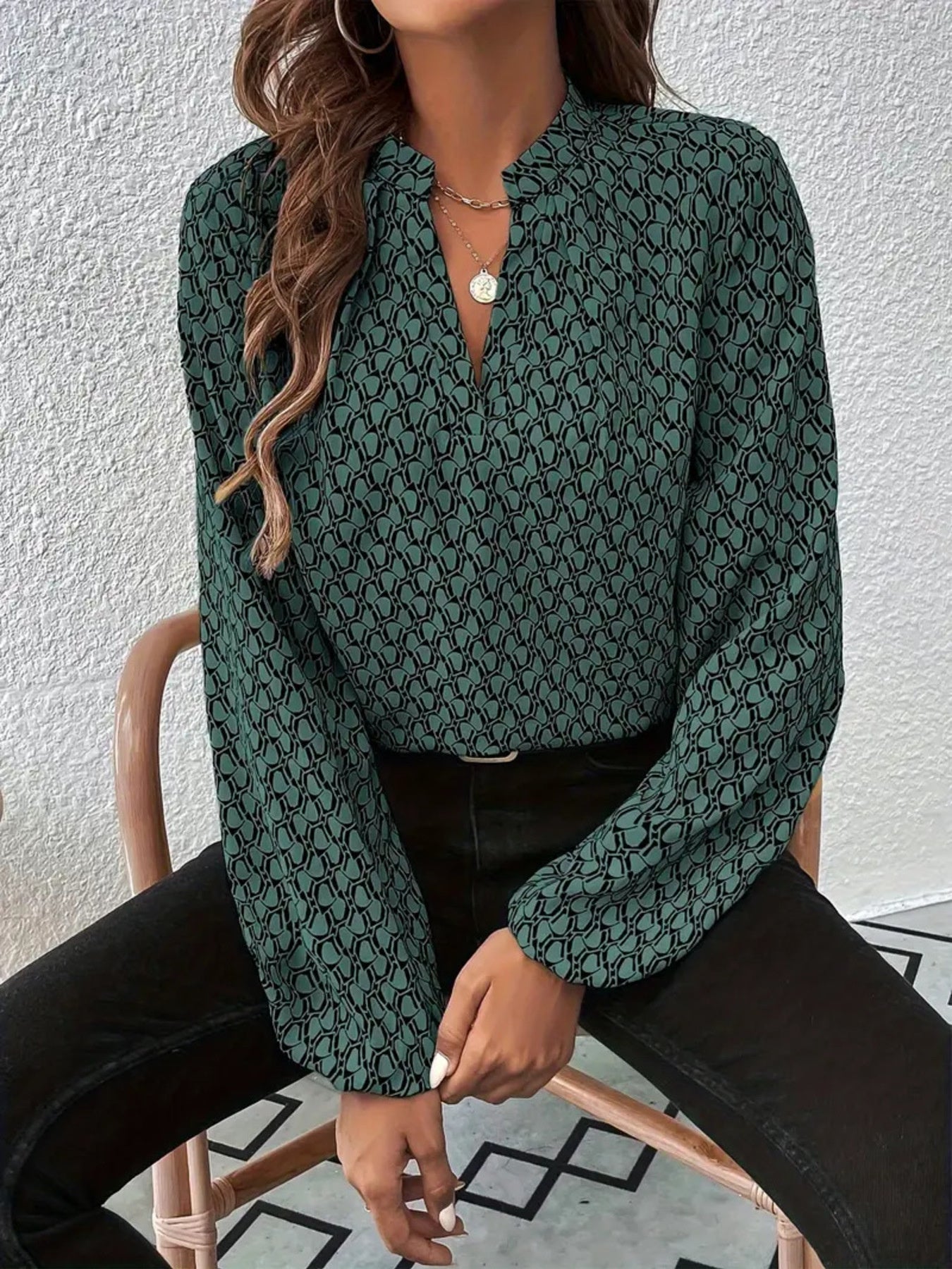 Printed Notched Balloon Sleeve Blouse