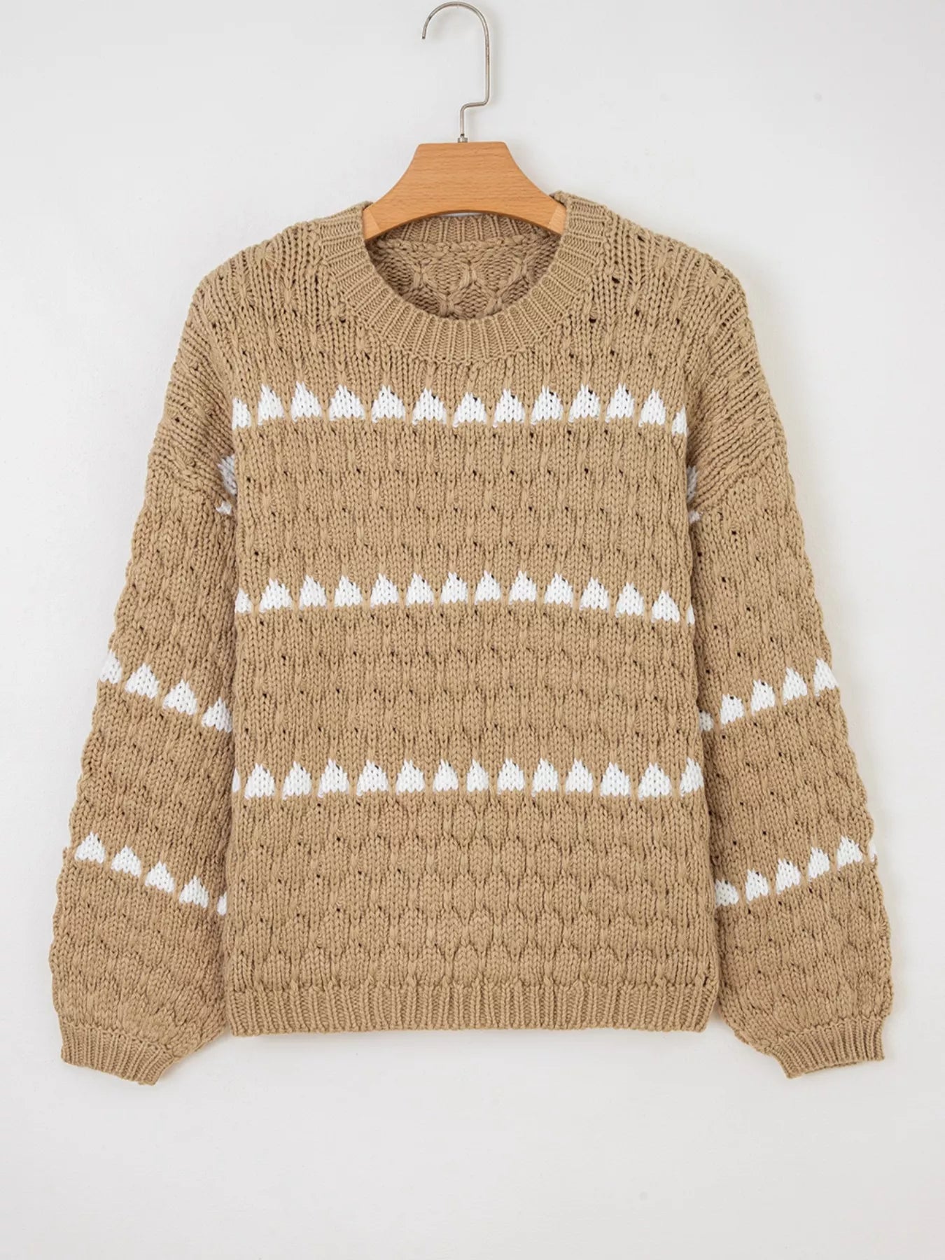 Contrast Detail Textured Knit Puff Sleeve Baggy Sweater