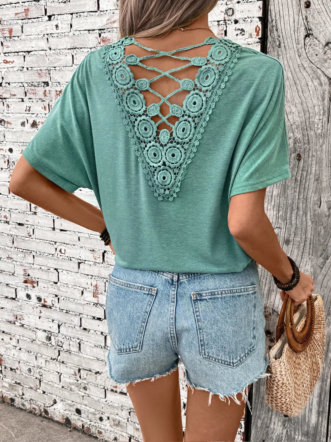 Pearl Detail Round Neck Short Sleeve T-Shirt