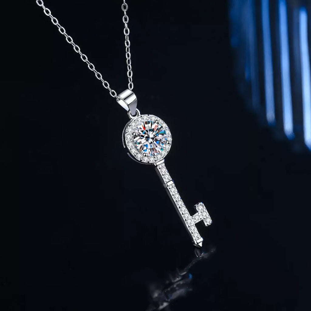 1 Carat 925 Sterling Silver Moissanite Key Pendant Necklace