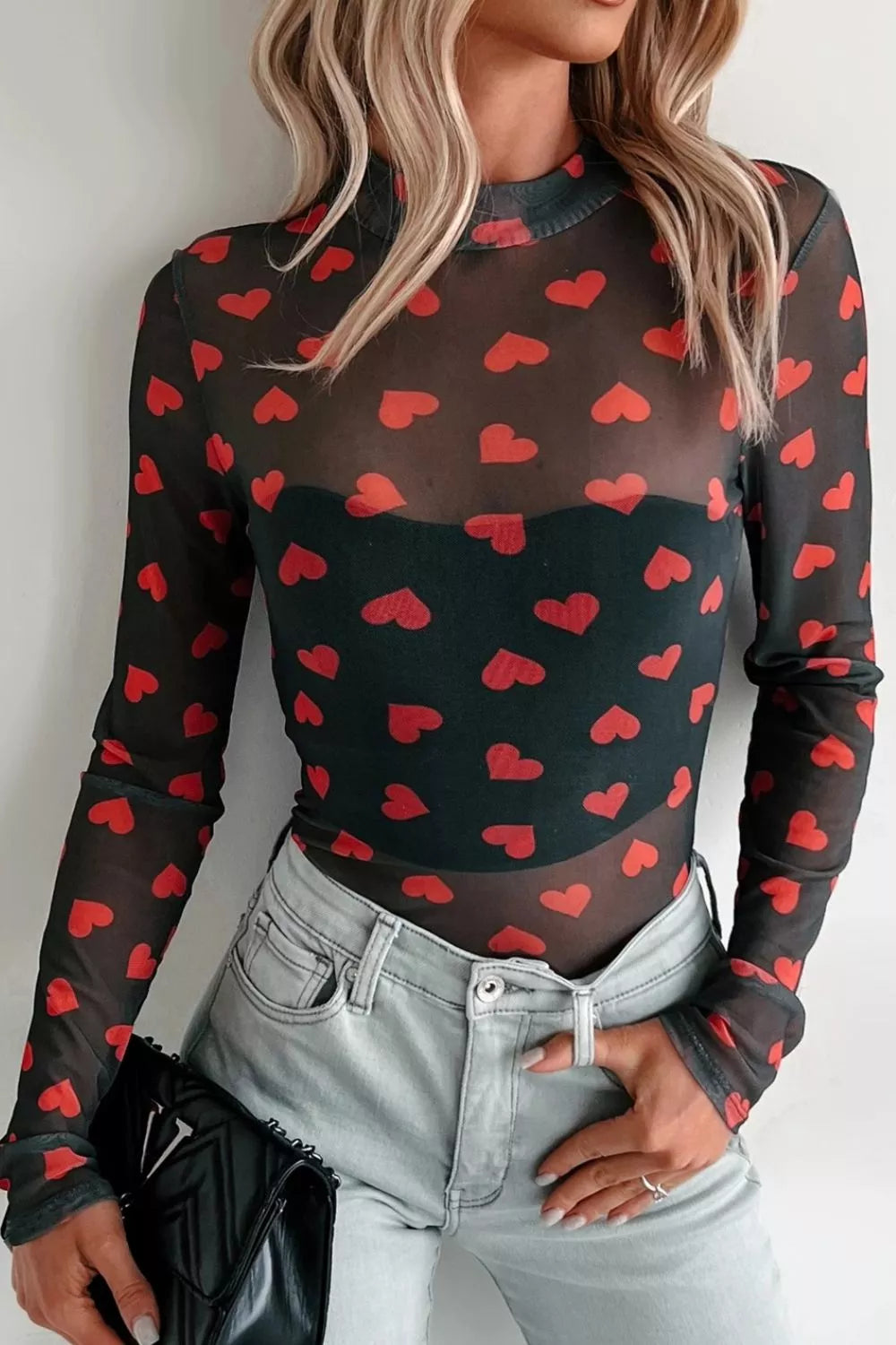 Valentines Heart Printed Sheer Mesh Long Sleeve Top
