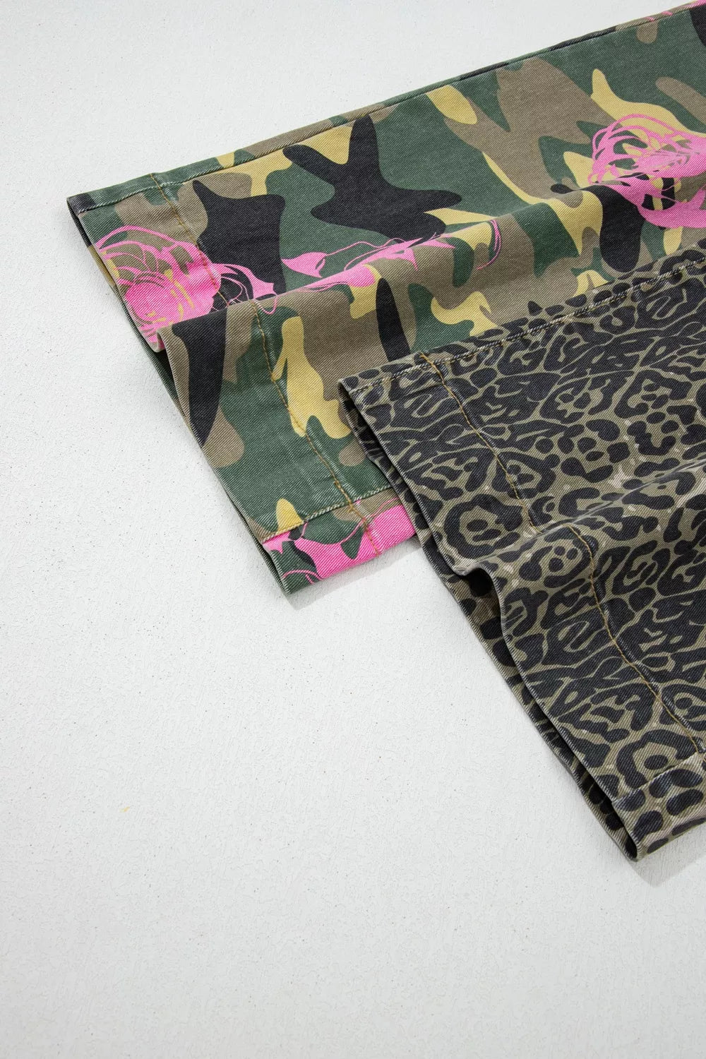 Multicolour Retro Floral Leopard Contrast Patchwork Raw Hem Jeans