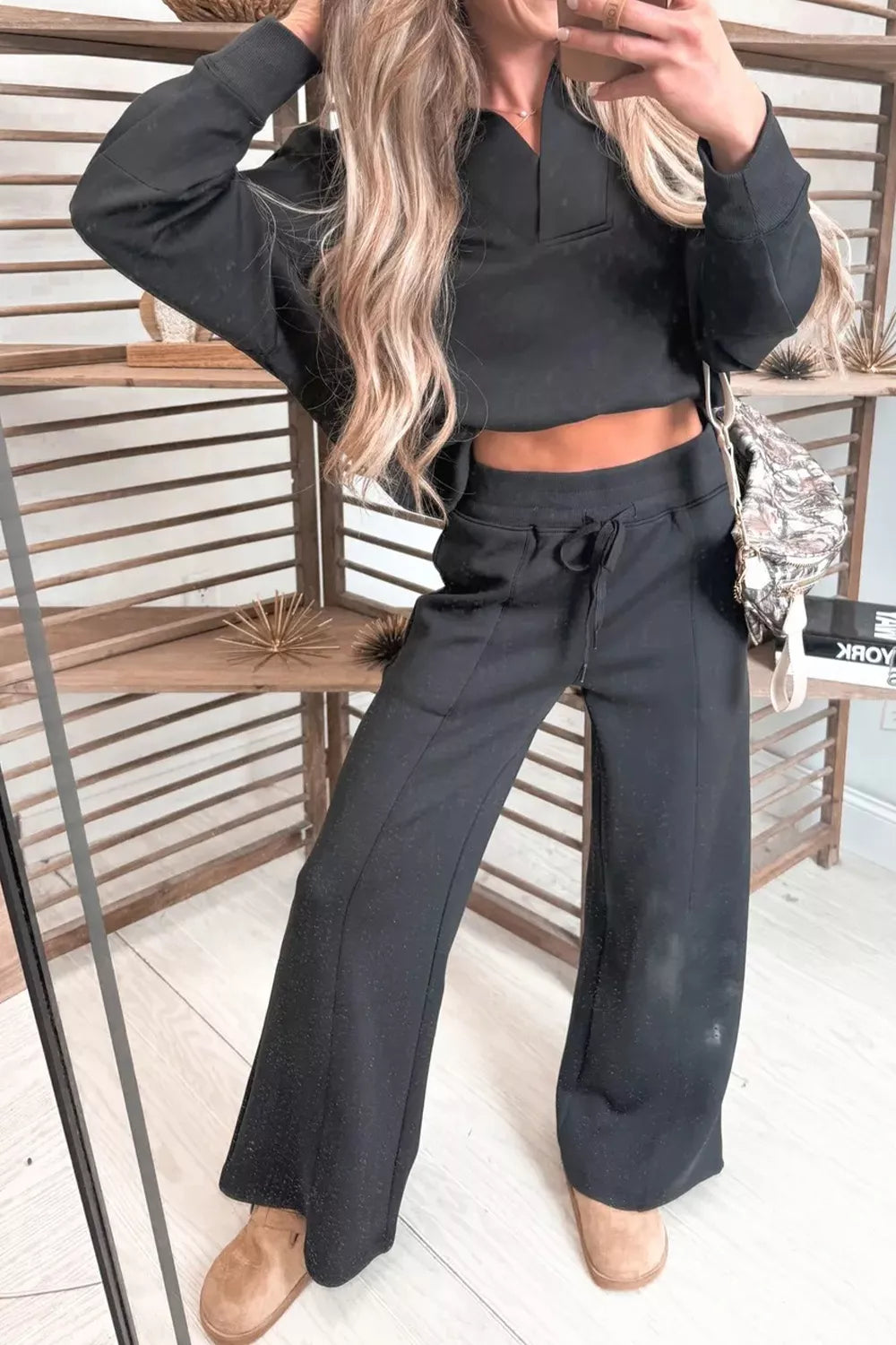 Collared V Neck Pullover Sweatshirt Sweatpants Set