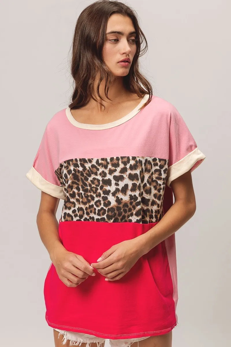 BiBi Leopard Printed Jersey  Color Block Roll Up