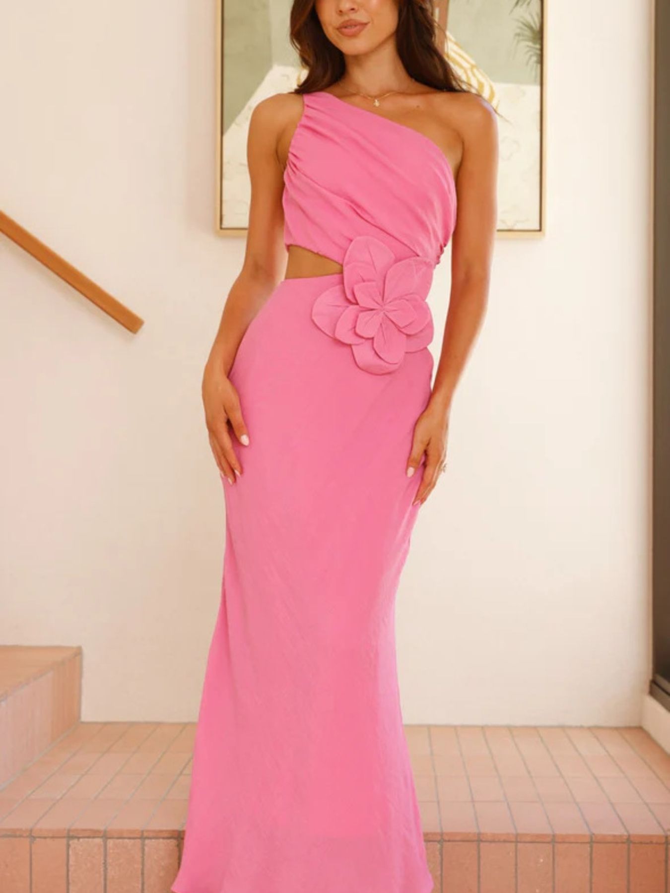 One-Shoulder Floral Cutout Dress
