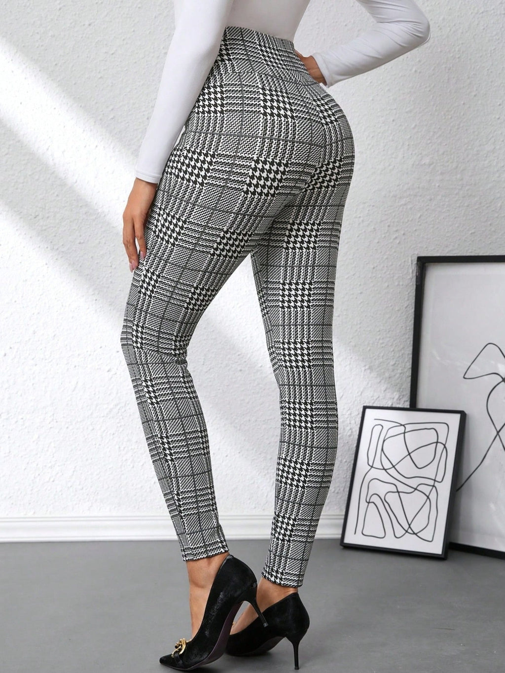 High Waist Plaid Slim Fit Pants