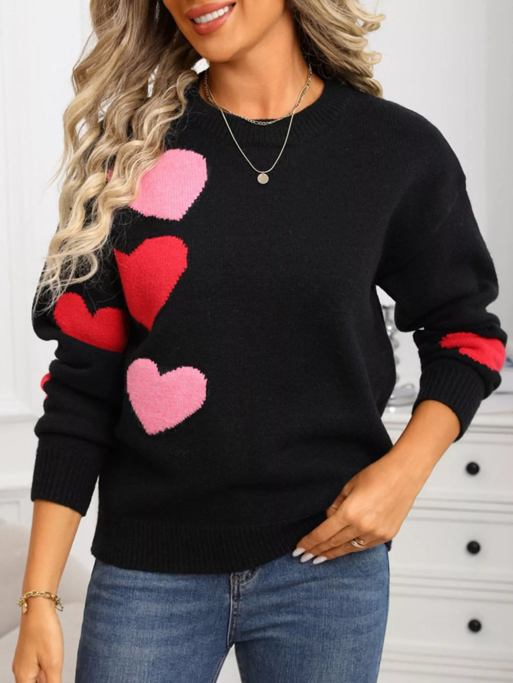 Valentine's Day Heart Pattern Round Neck Sweater
