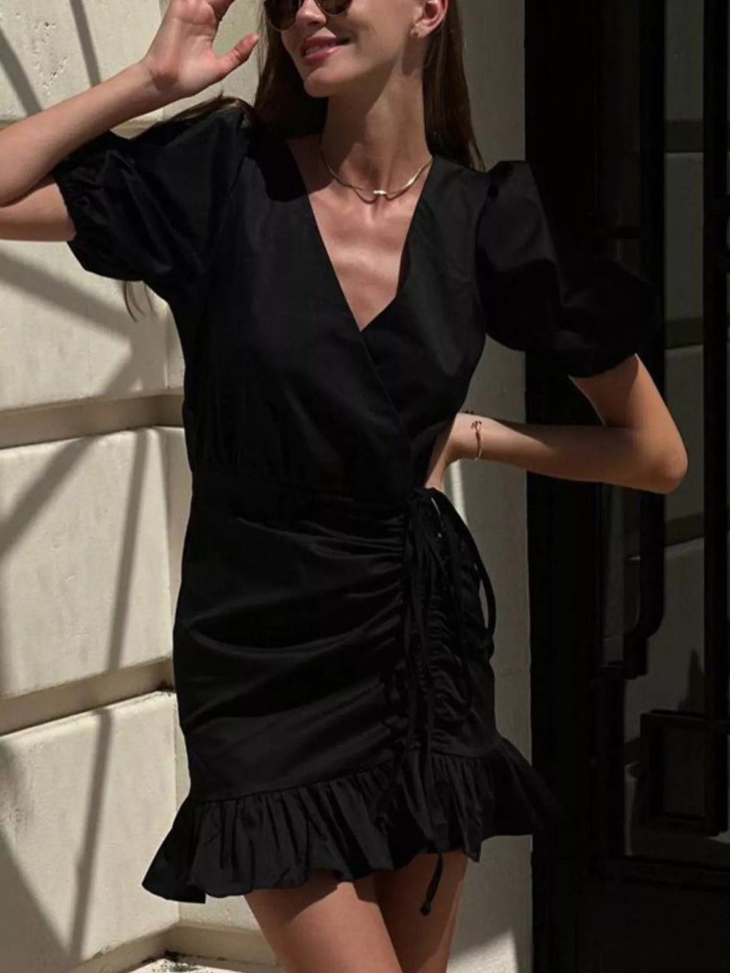 Ruffled Hem Ruched Puff Sleeve Mini Dress