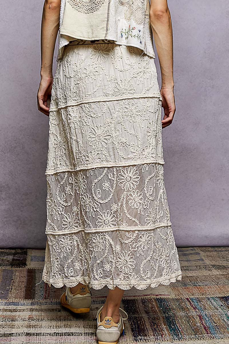 POL Floral Embroidered Tiered Crochet Skirt