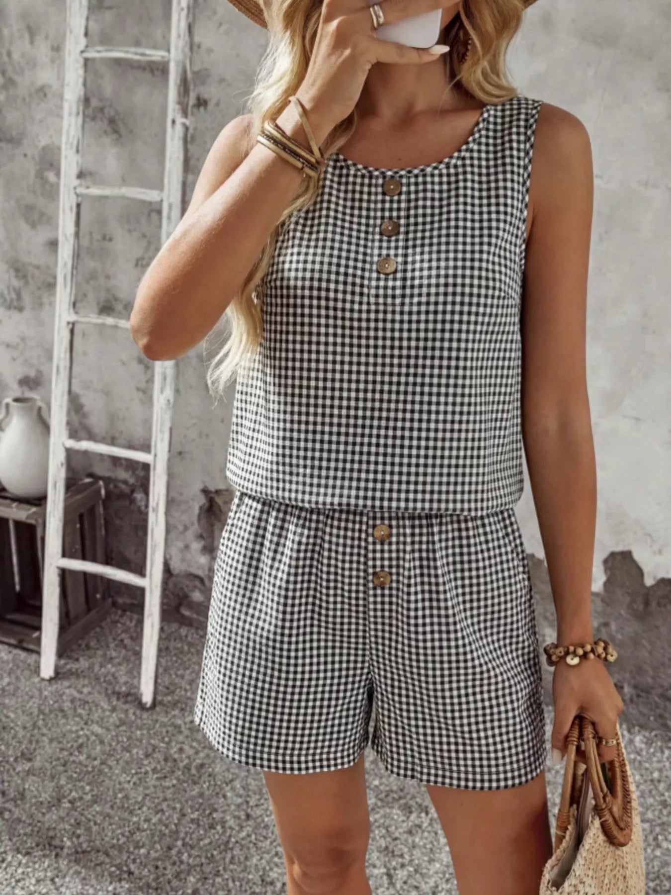 Gingham Sleeveless Top & Shorts Set