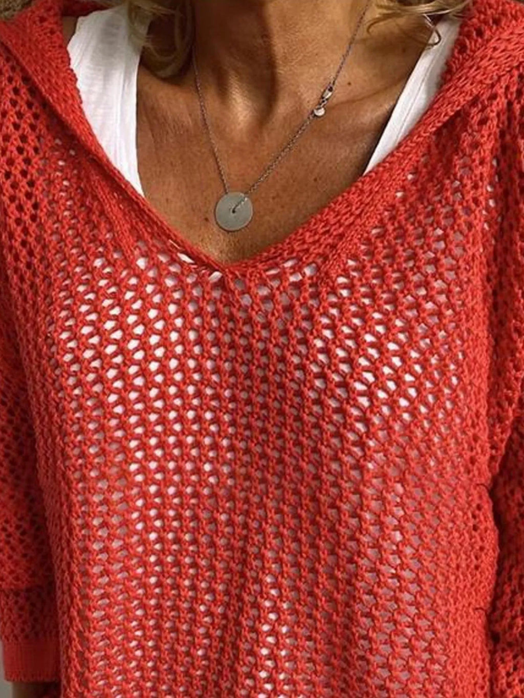 Openwork Long Sleeve Hooded Knit Cover Up