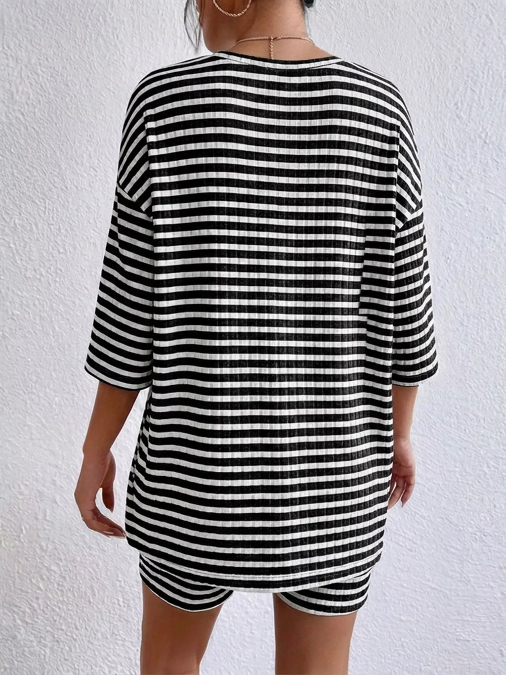Striped Round Neck Top and Shorts Set