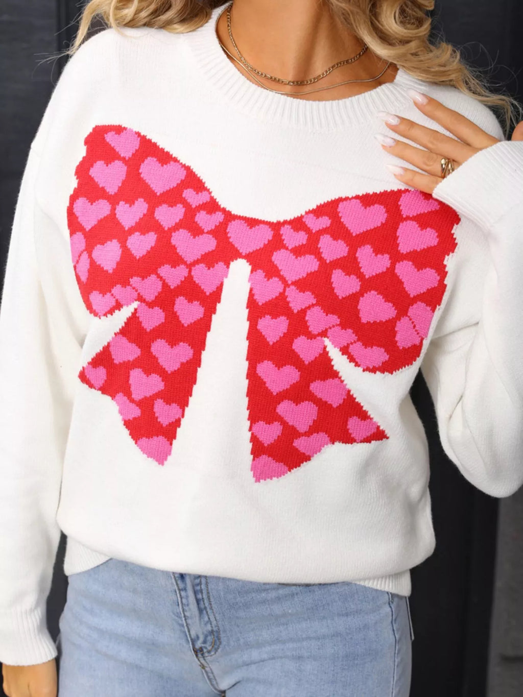 Valentine's Day Heart Bow Round Neck Sweater