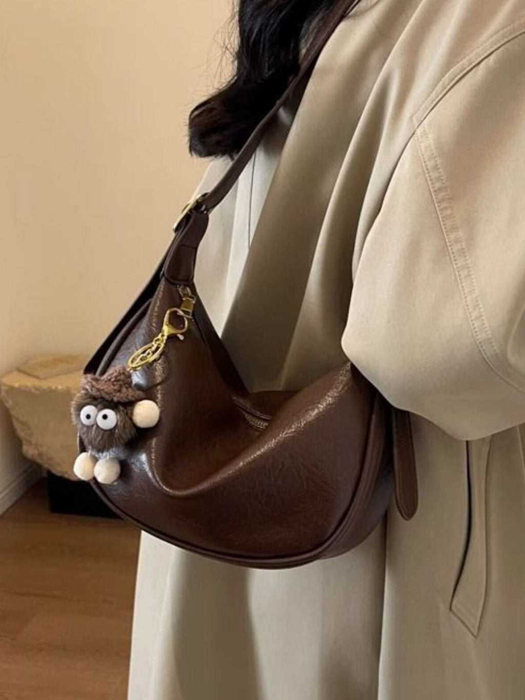 Crescent Shoulder Bag with Plush Charm