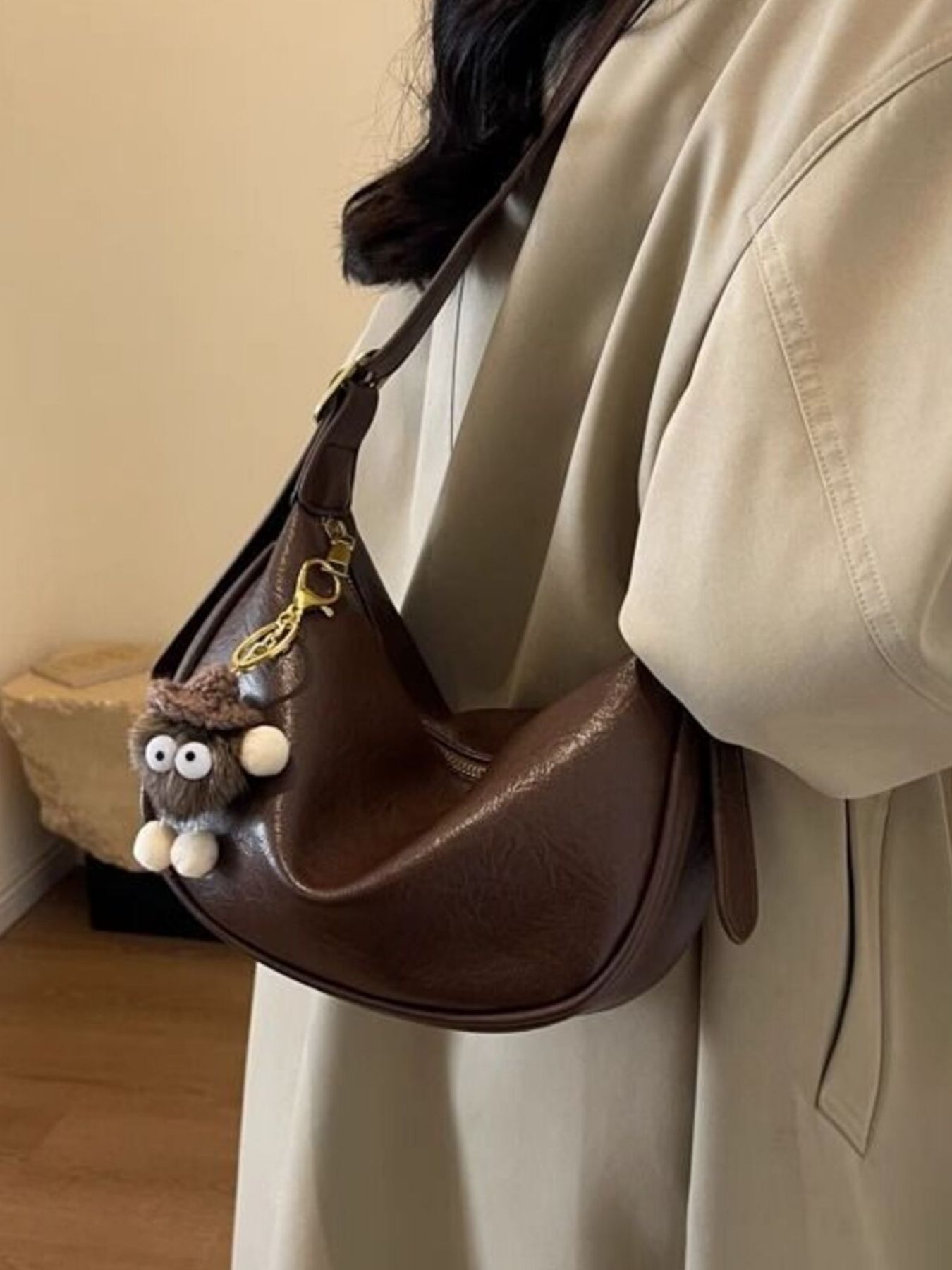 Crescent Shoulder Bag with Plush Charm