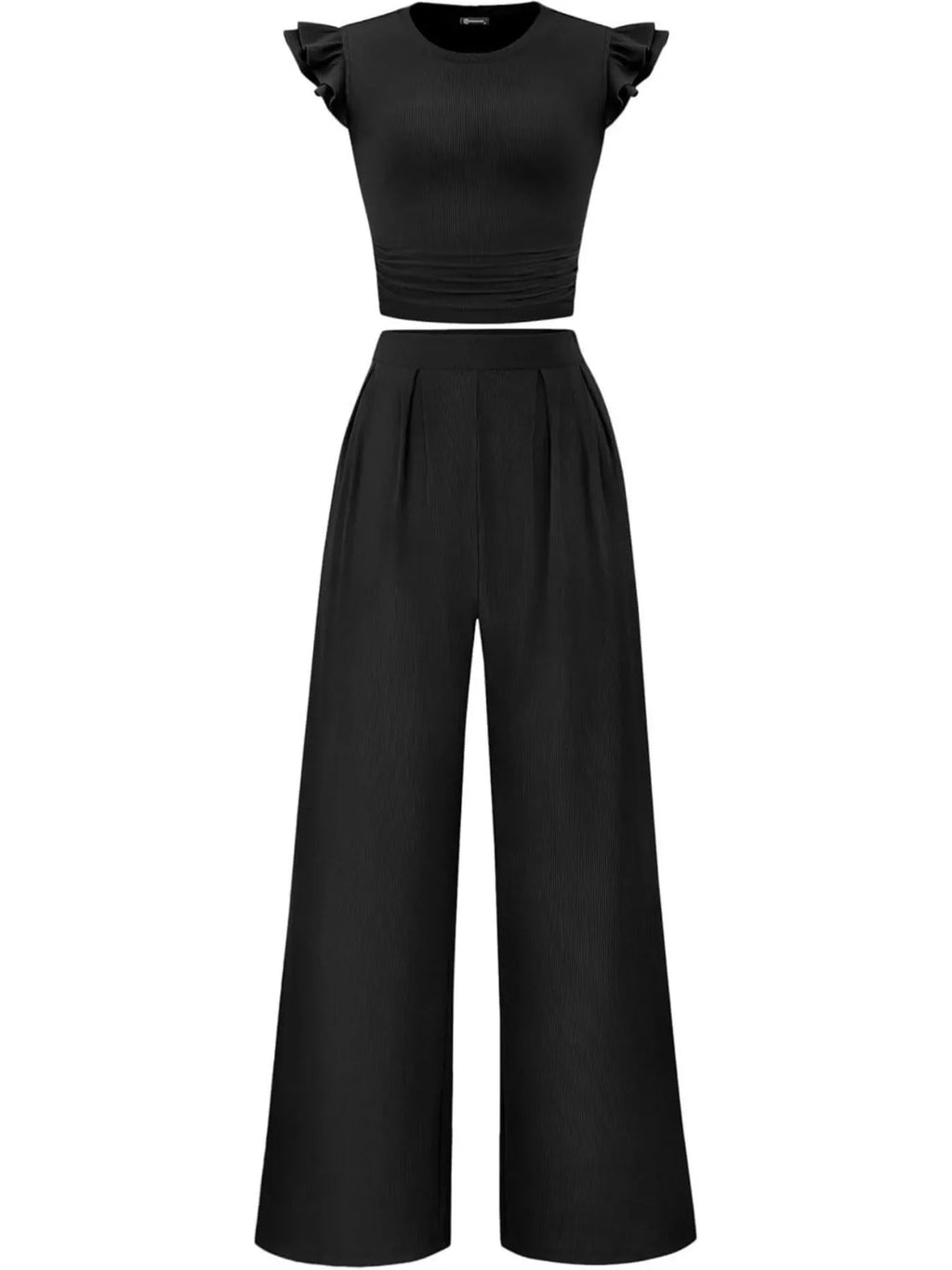 Ruffled Mock Neck Top and Wide Leg Pants Set