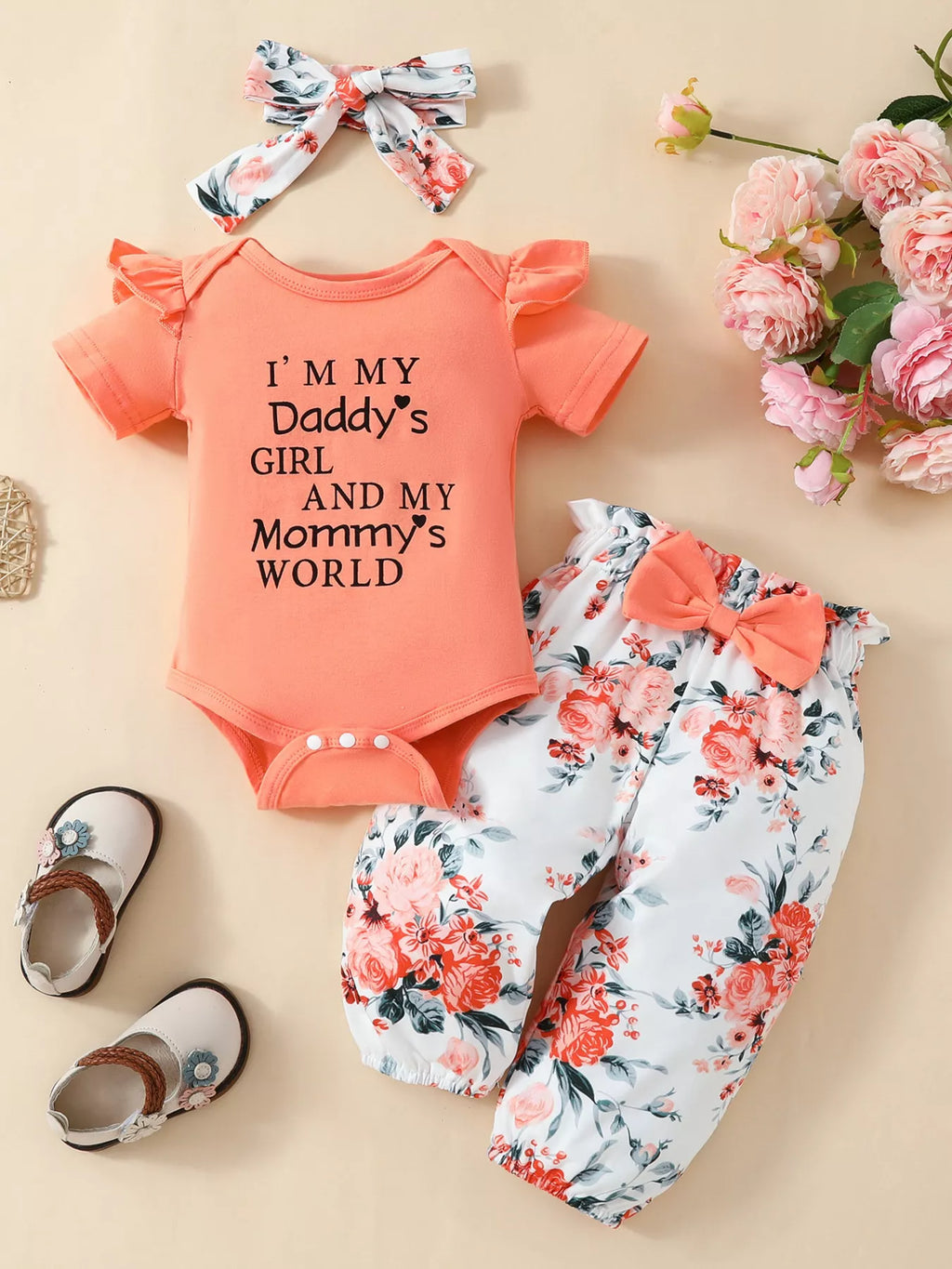 Children's Ruffled Short Sleeve Bodysuit and Pants Set with Headband