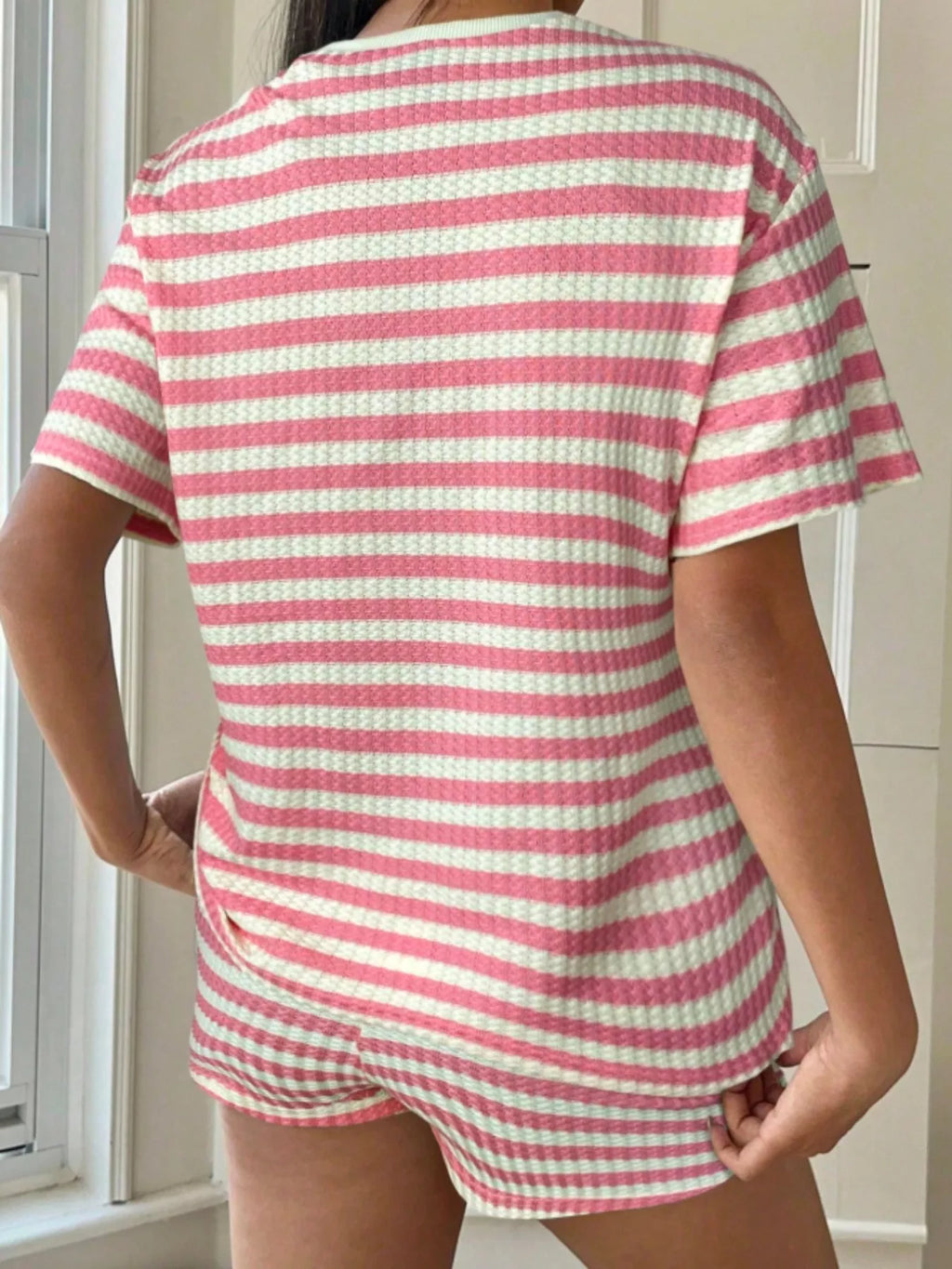 Striped Round Neck Top and Shorts Set