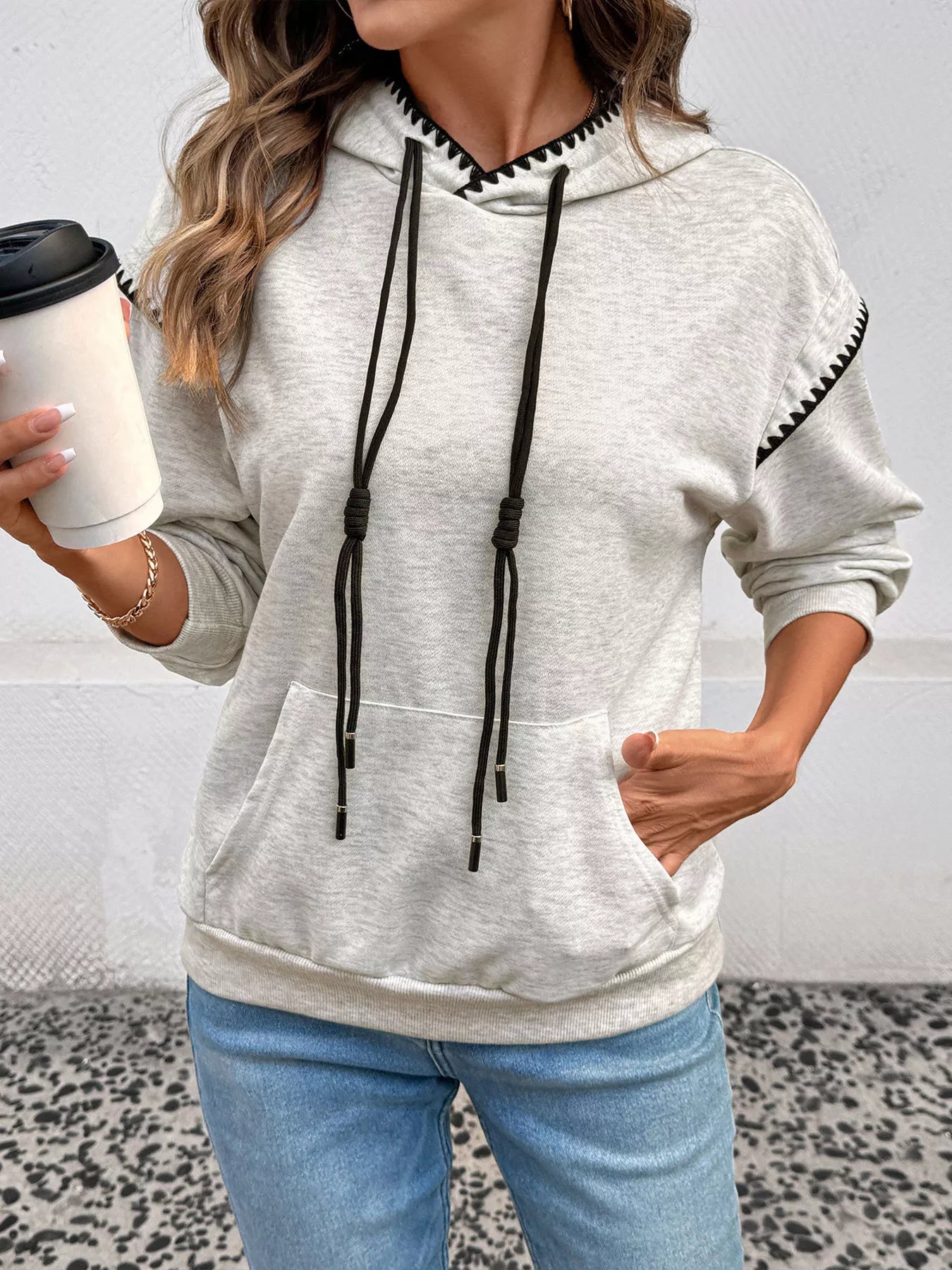Contrast Trim Drawstring Hoodie with Kangaroo Pocket