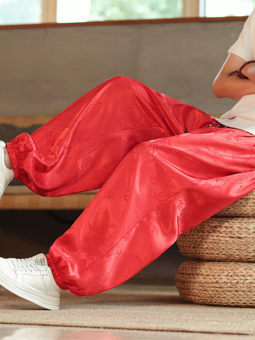 Men's Plus Size Dragon Pattern Silk Harem Pants