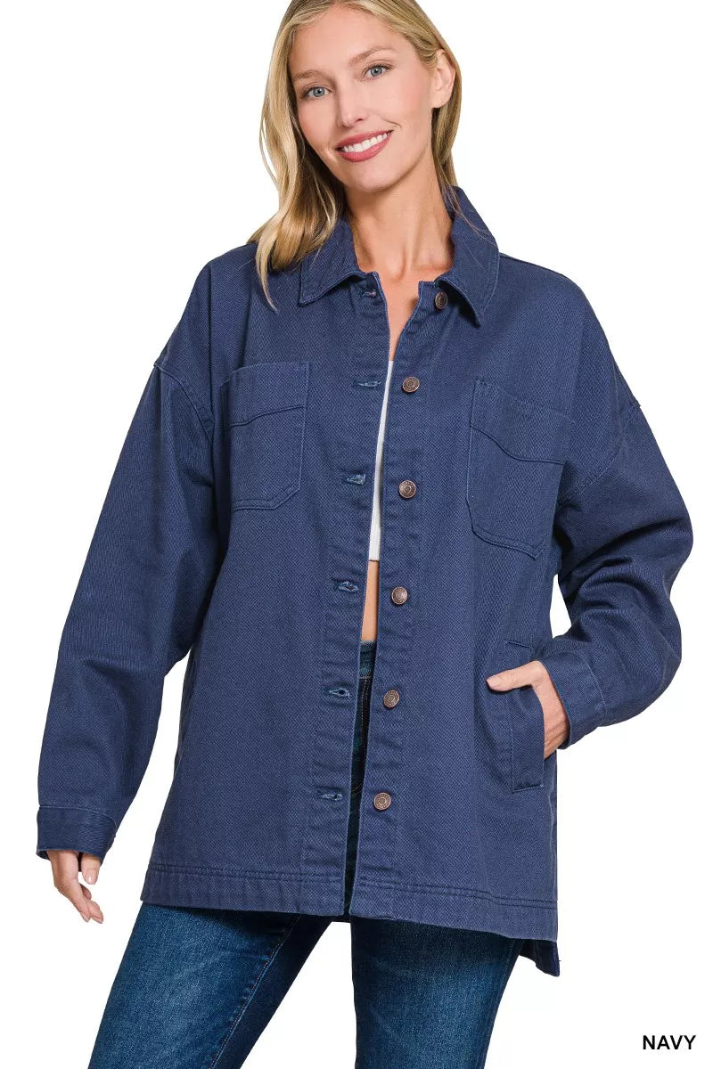 Zenana Oversized Collared Neck Button Front Shackets