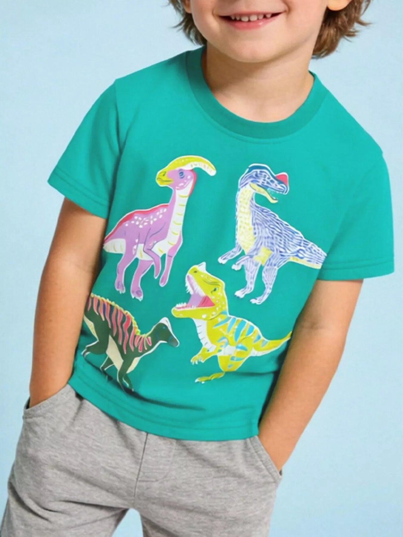 Children's Dinosaur Print Crew Neck Short Sleeve T-Shirt
