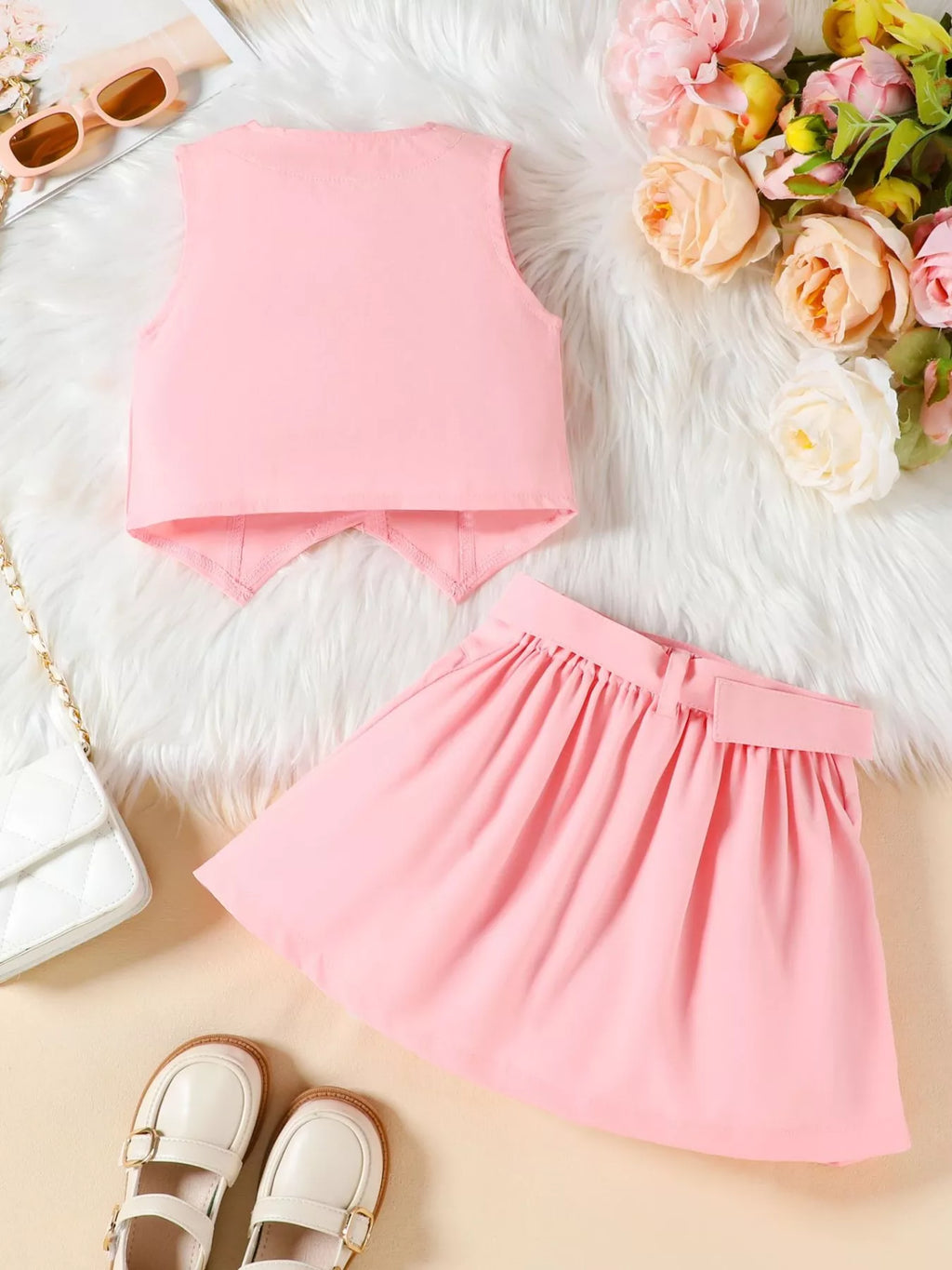 Children's Bowknot Vest & Pleated Skirt Set