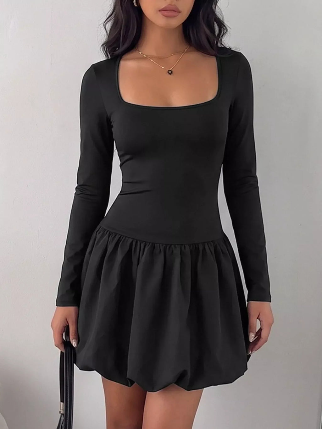 Square Neck Long Sleeve Bubble Hem Dress