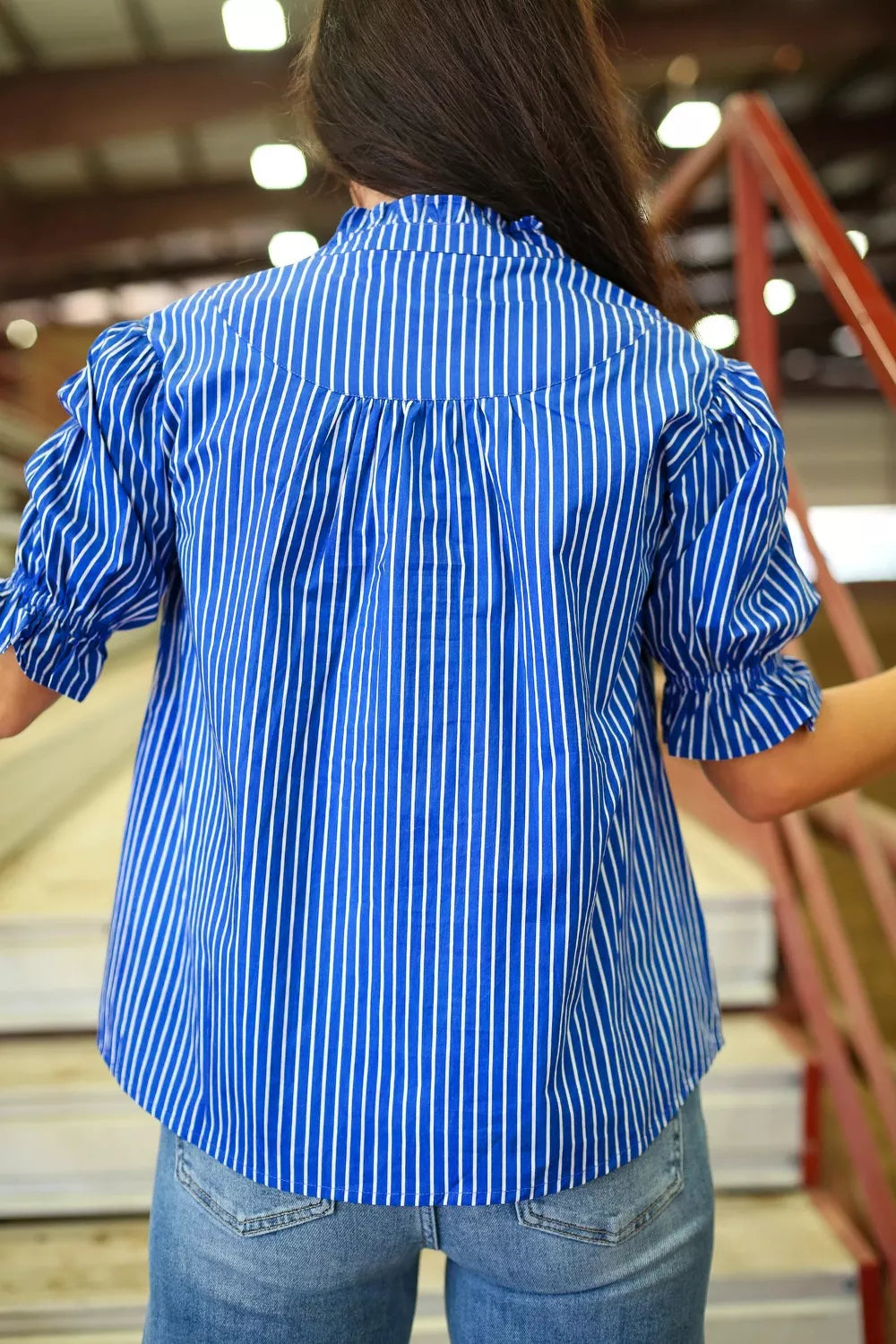 Stripe Ruffled Short Puff Sleeve Button Front Blouse