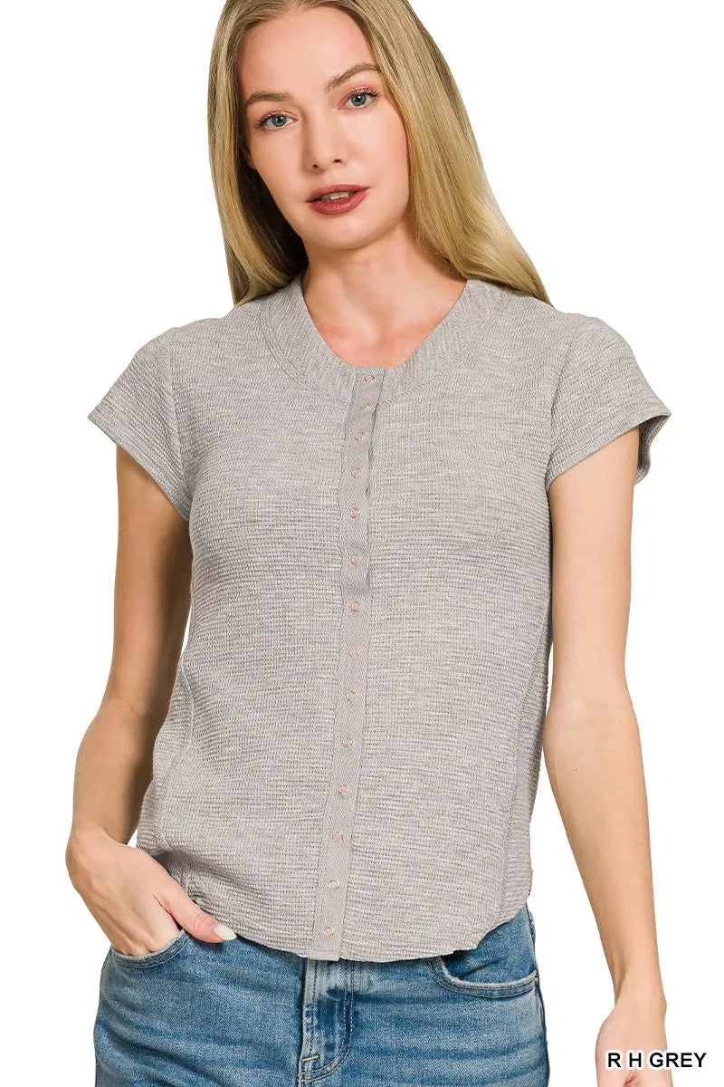 Zenana Double Knit Snap Button Short Sleeve Shirt