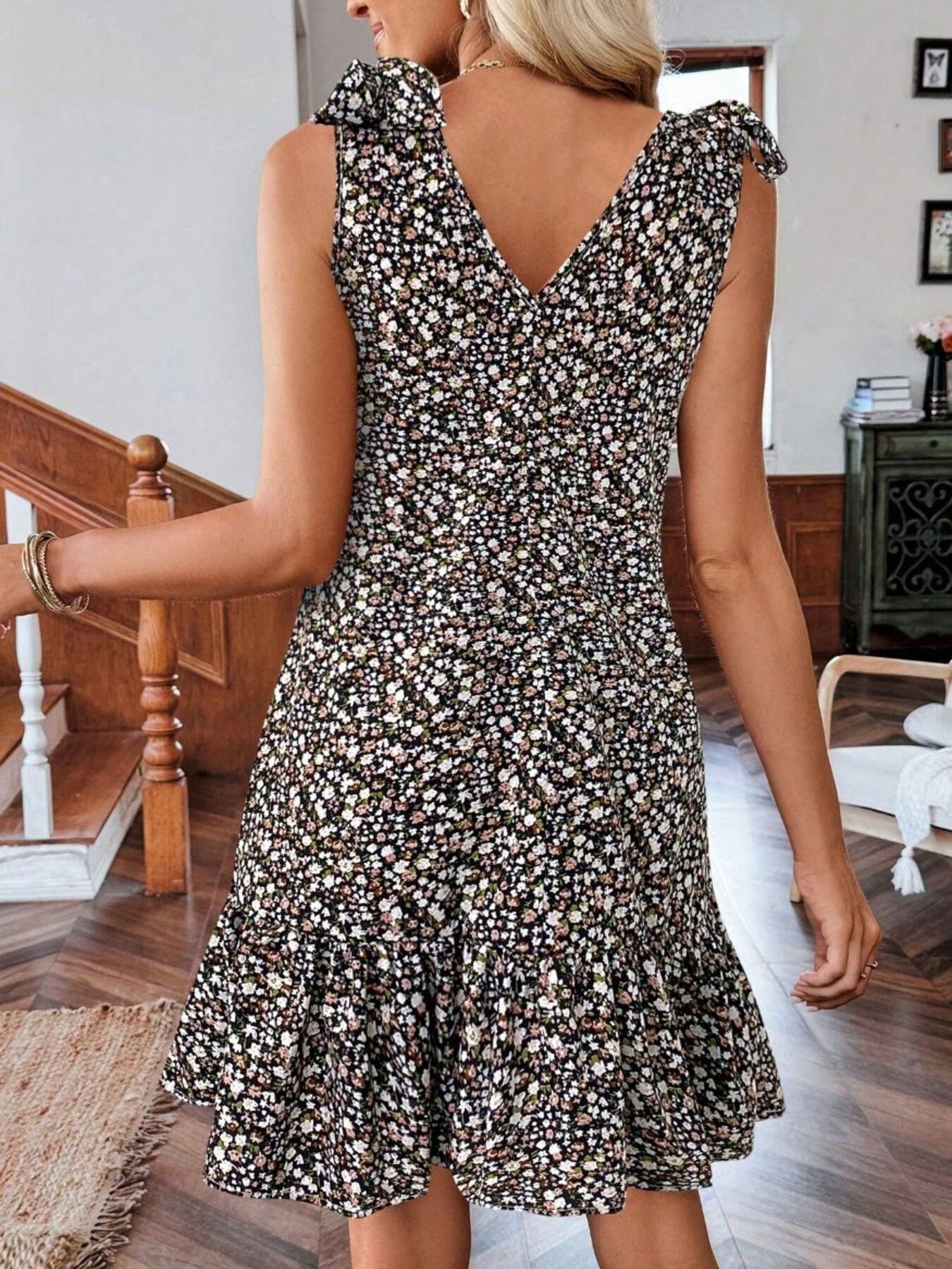 Floral Print Tie Strap Ruffle Hem Mini Dress