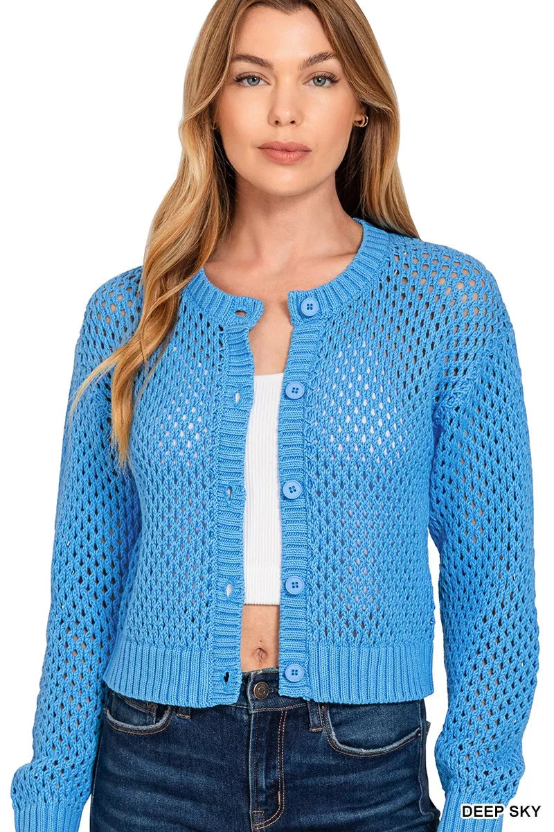 Zenana Button Down Lightweight Crochet Cardigan Sweater