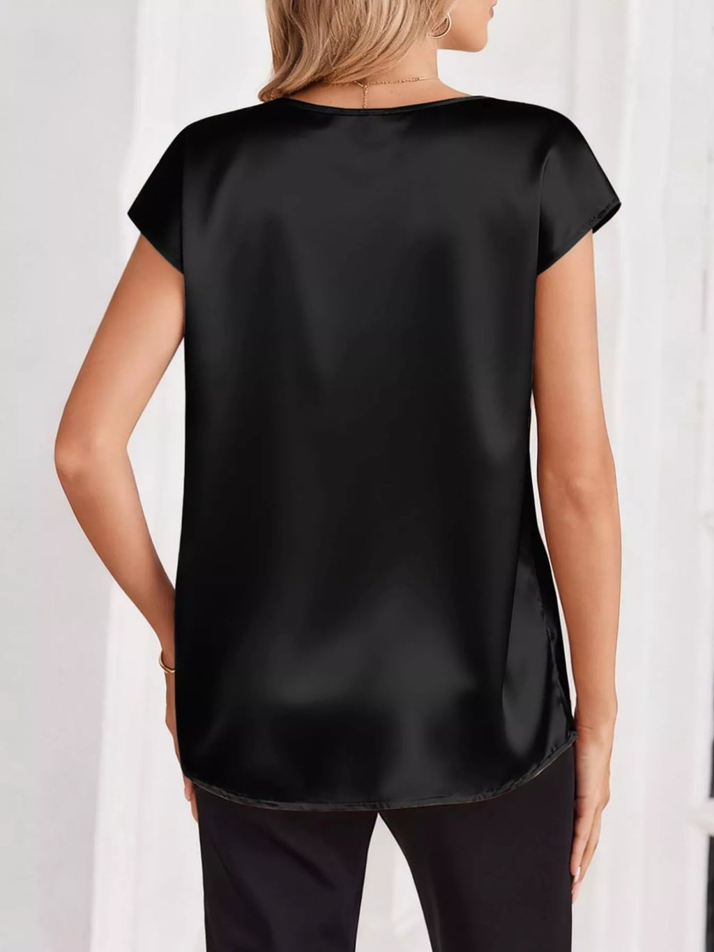 Satin V-Neck Cap Sleeve Blouse