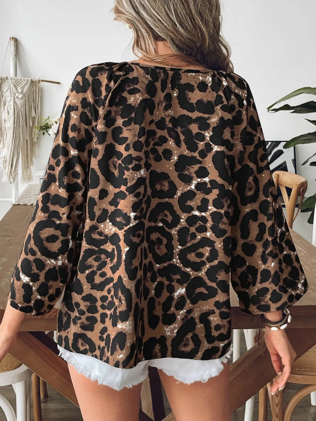 Oversized Leopard V-Neck Three-Quarter Sleeve Blouse