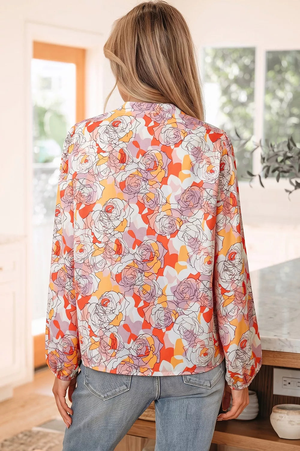 Floral Print V Neck Long Sleeve Shift Blouse
