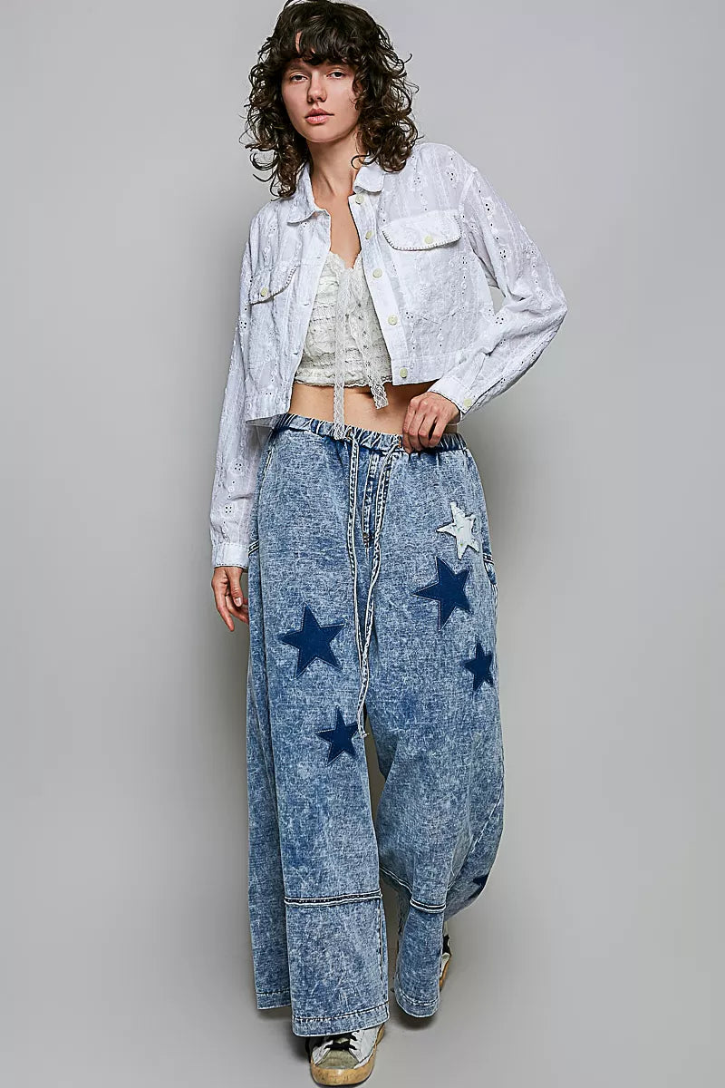 POL Eyelet Textured Cotton Cropped Button Front Jacket