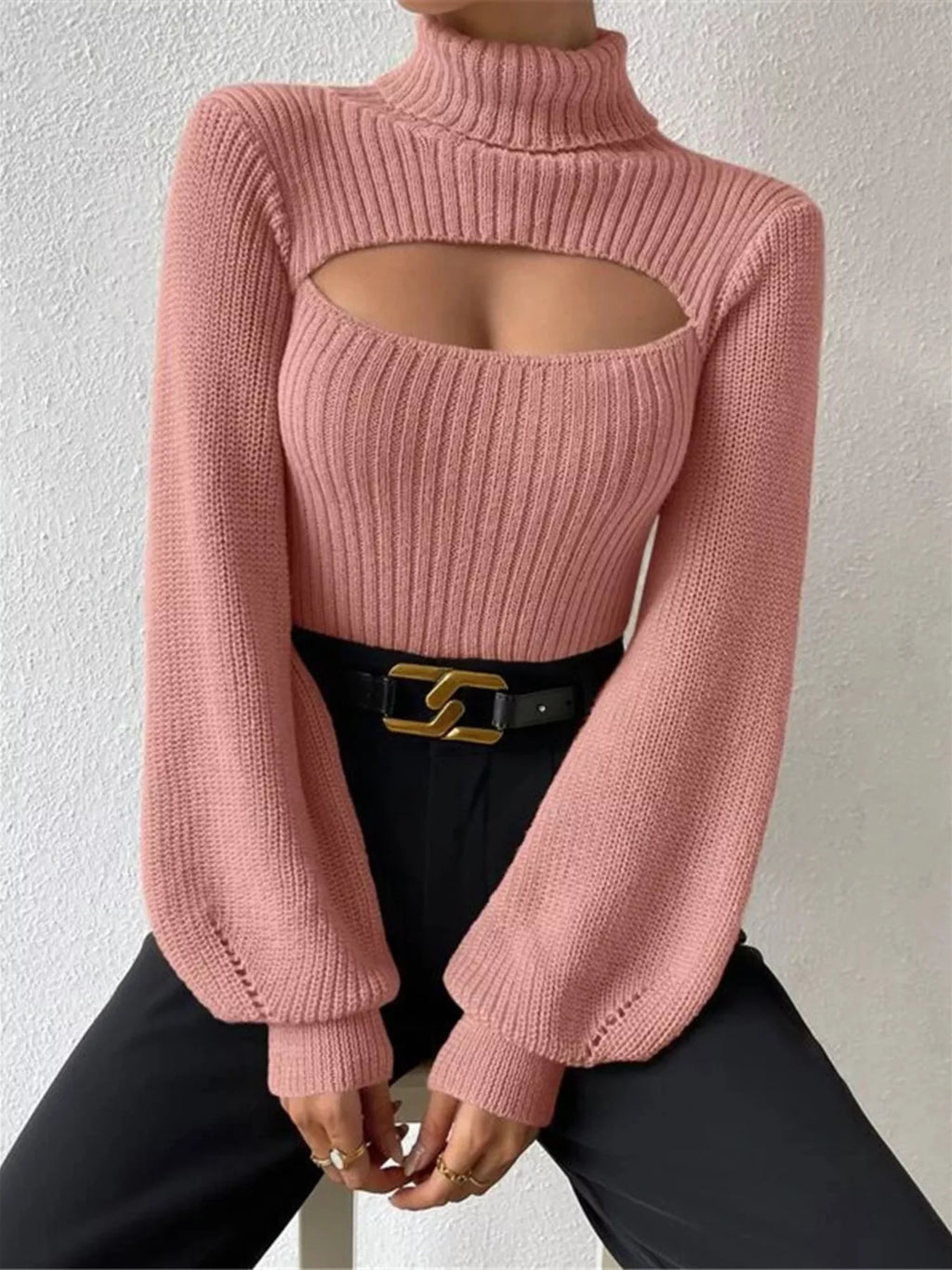 Cutout Front Turtleneck Long Sleeve Sweater