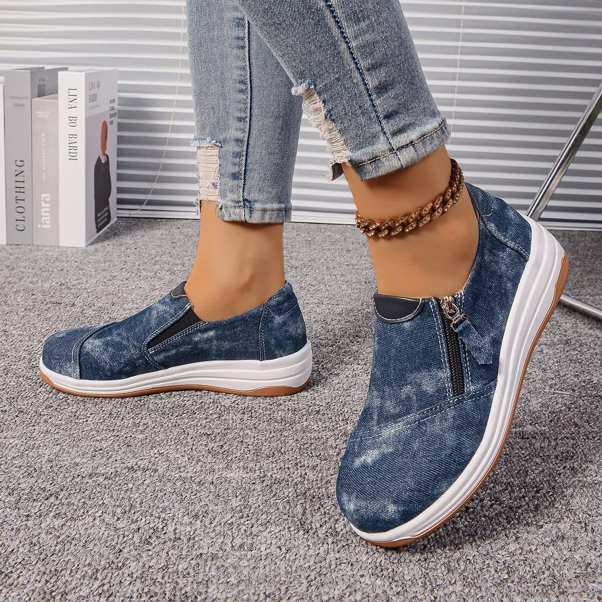 Zip Detail Round Toe Slip-Ons