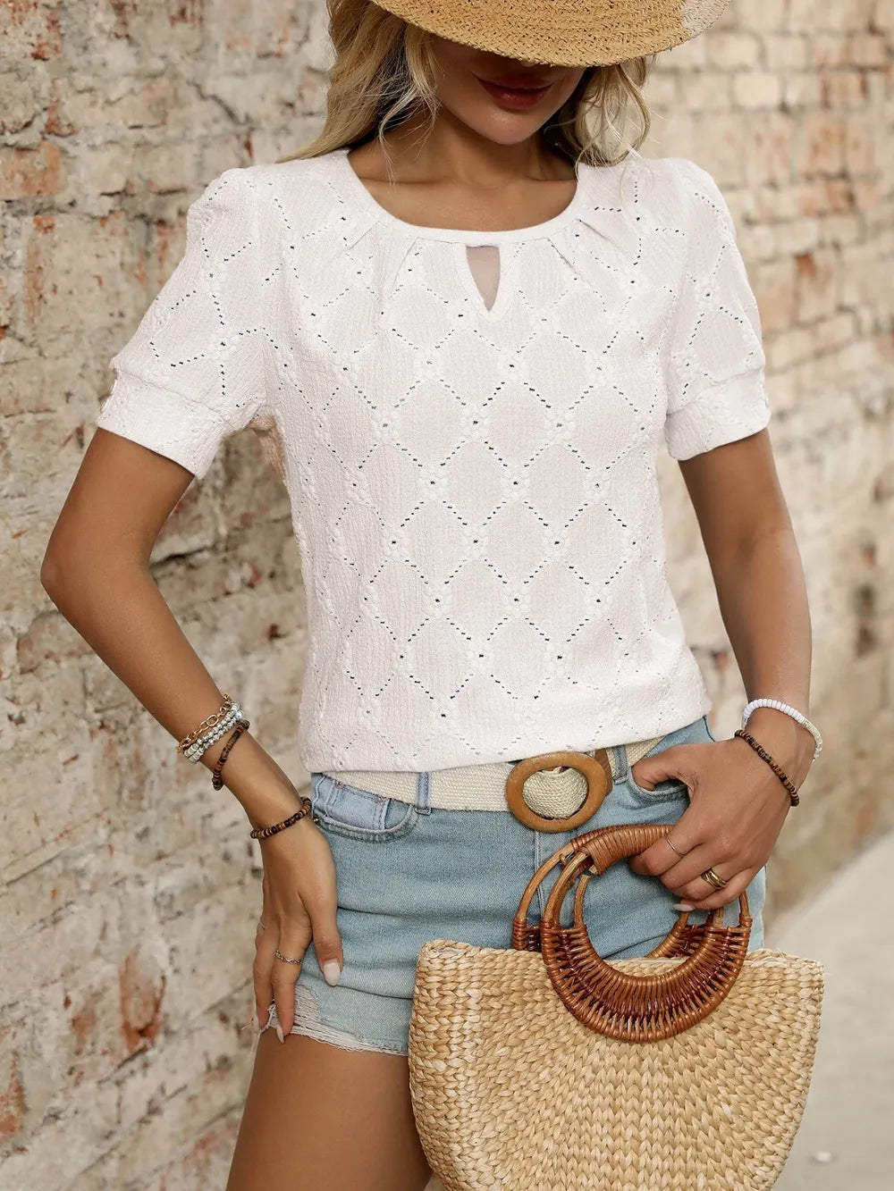 Eyelet Round Neck Short Sleeve Top