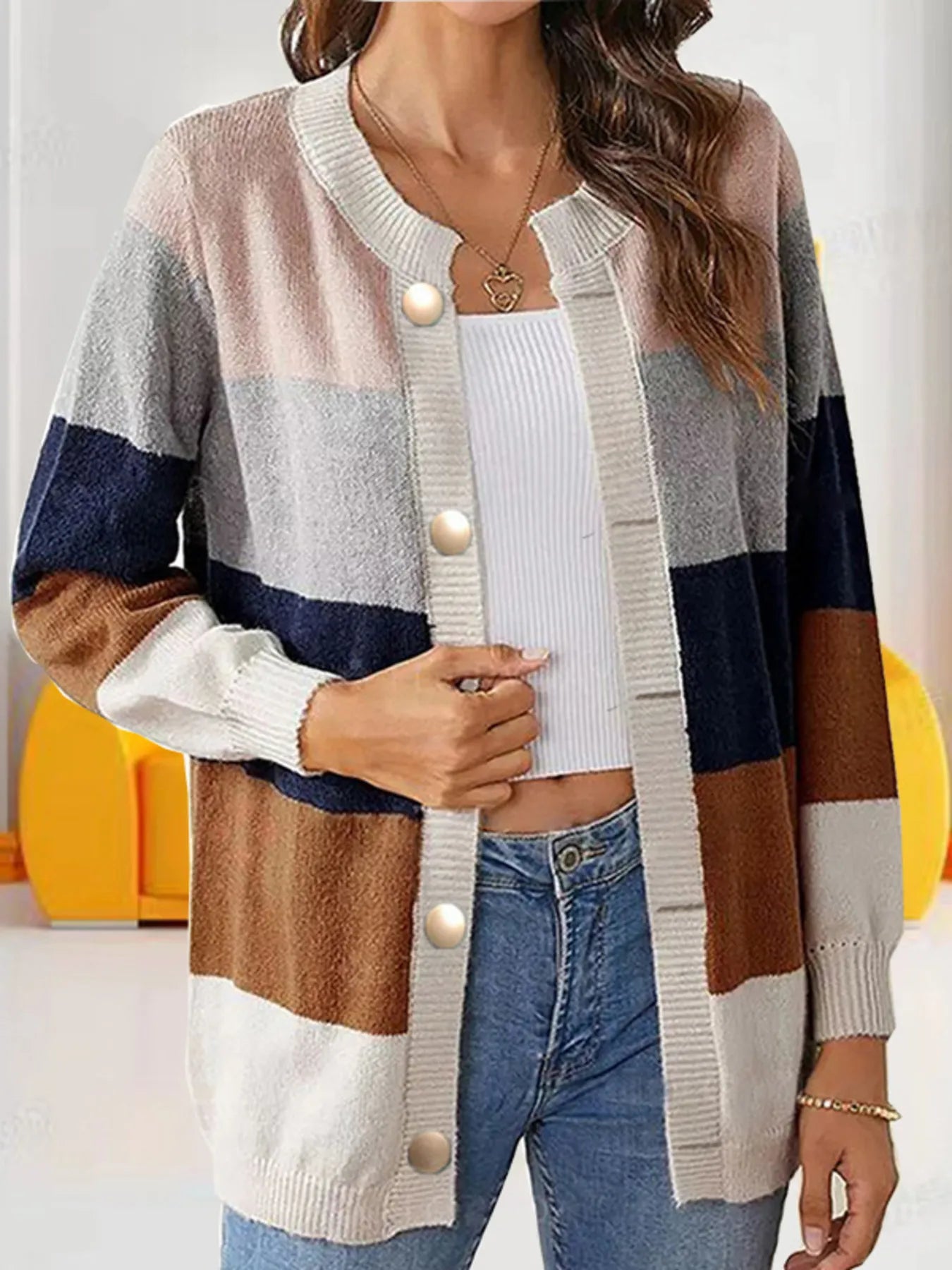 Color Block Button-Up Knit Cardigan