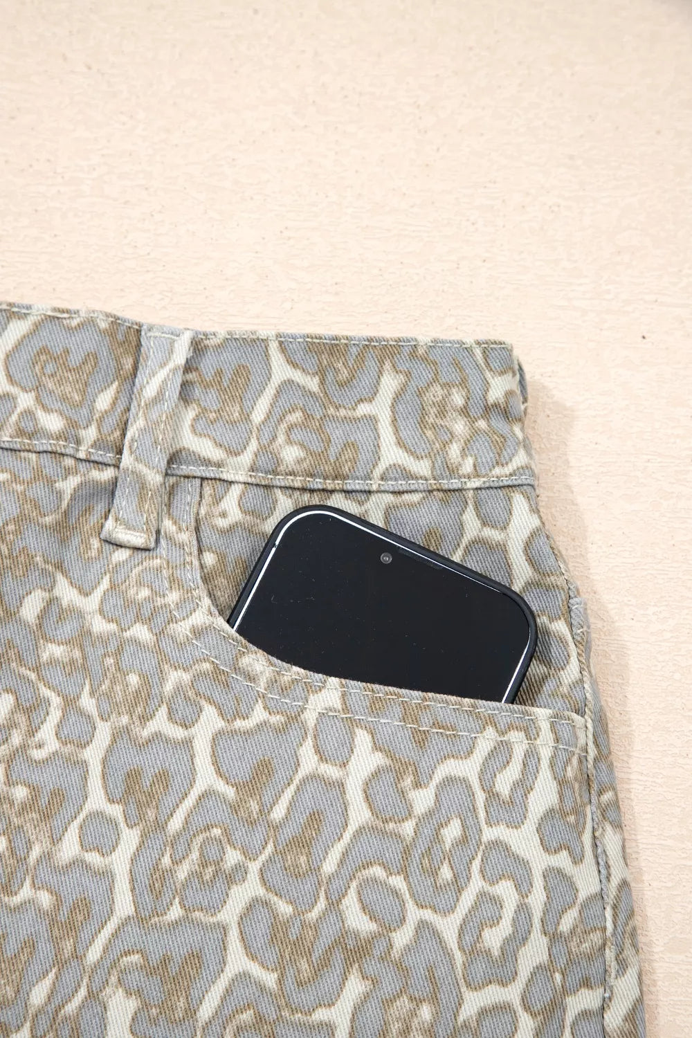 Raw Edge Leopard Print Denim Shorts
