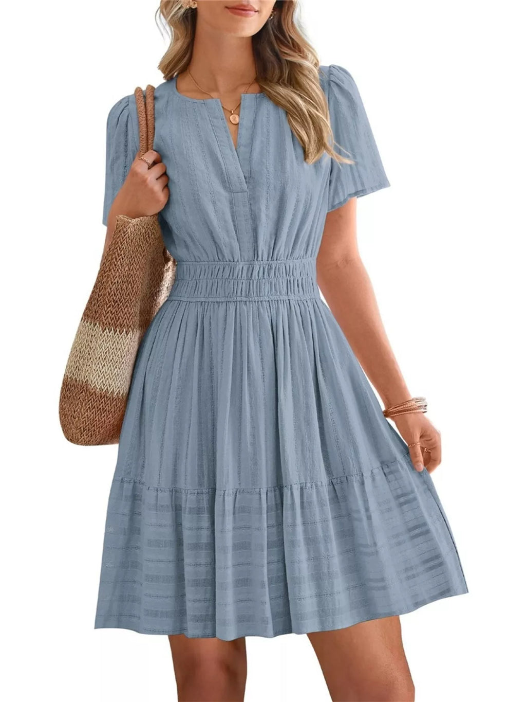 Short Sleeve Smocked Waist Tiered Dress