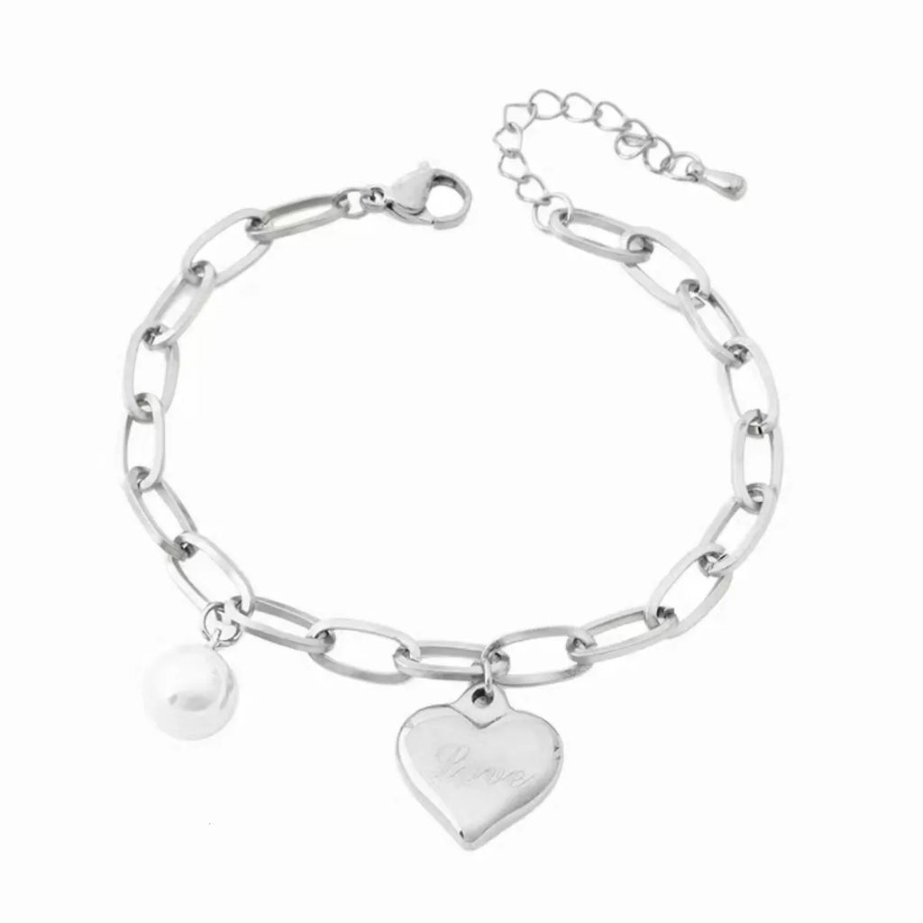 Heart Charm Pearl Accent Chain Bracelet