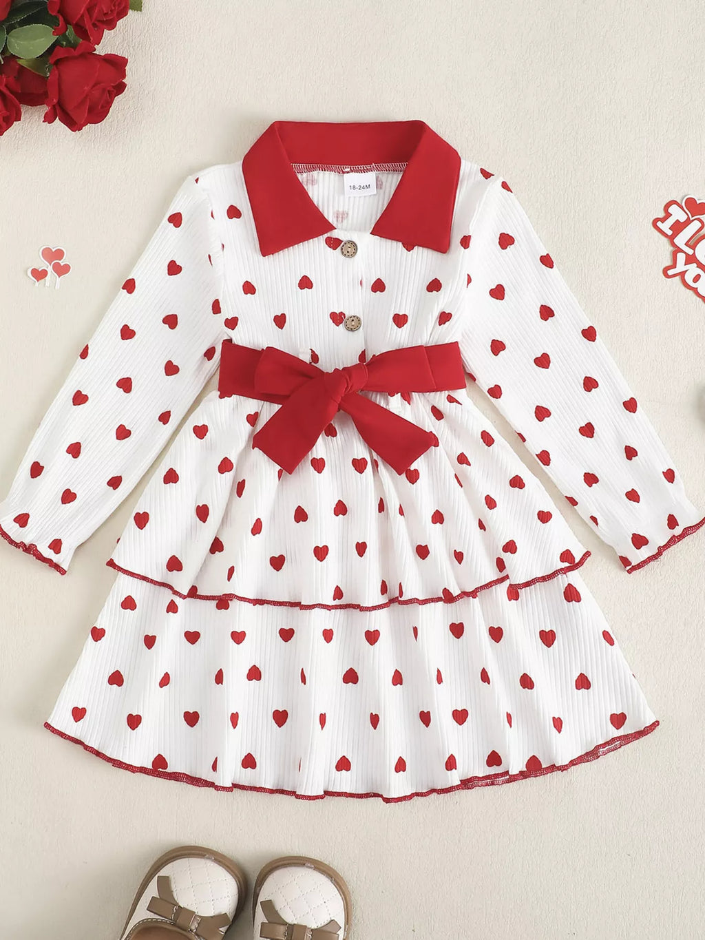 Children's Heart Print Tiered Dress and Belt Set
